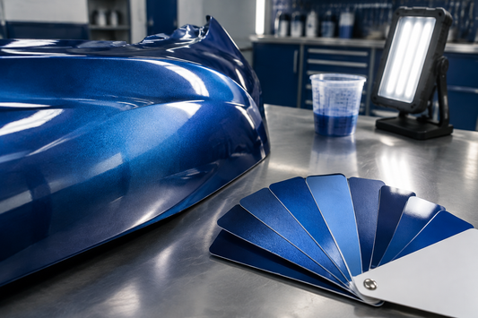 Metallic blue car panel compared with automotive paint shade swatches